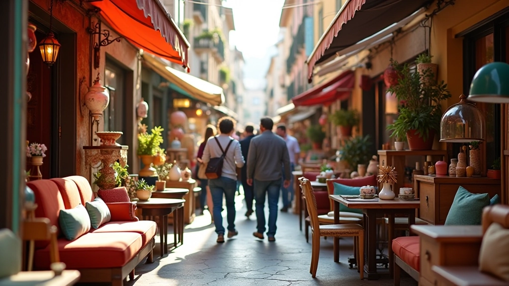 Mercatino dell'usato a Milano con bancarelle di mobili vintage, persone che guardano gli oggetti, atmosfera di ricerca del tesoro