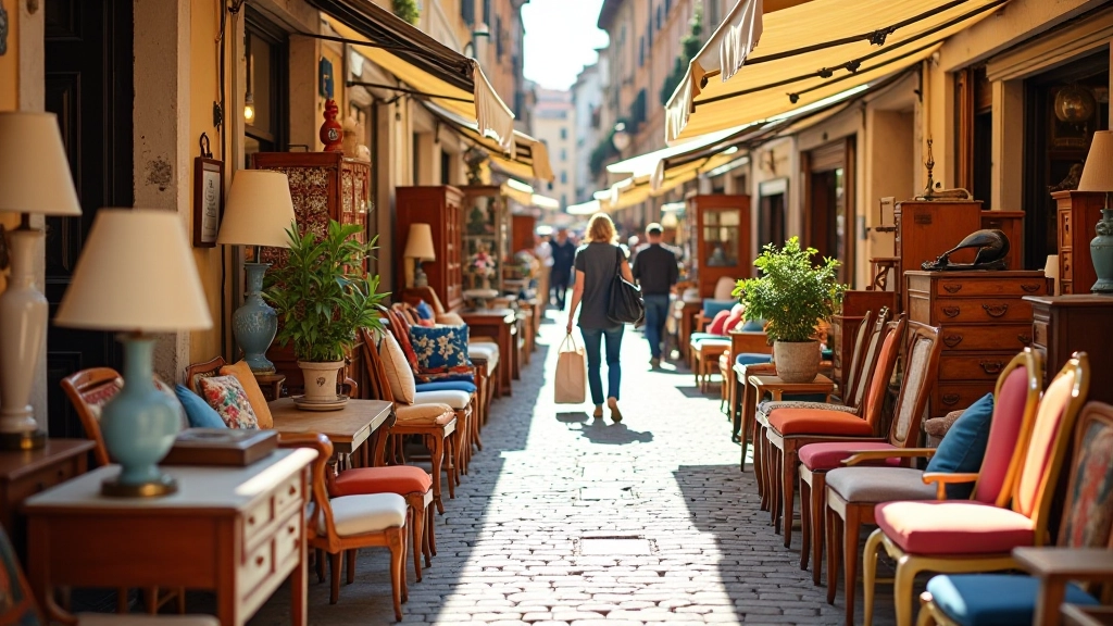 Mercatino dell'usato affollato a Roma, bancarelle di oggetti vintage, atmosfera vivace