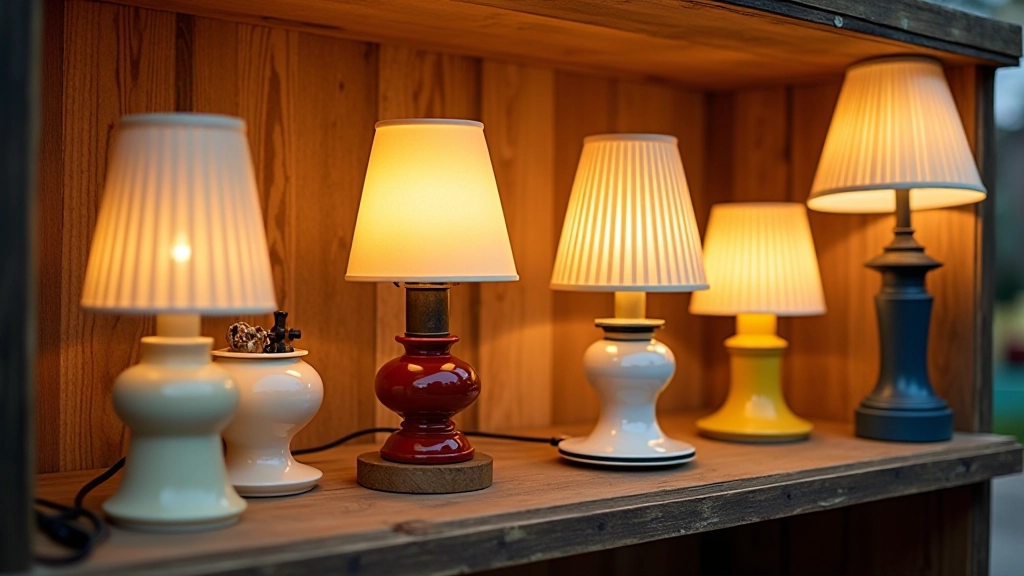 Collezione di lampade vintage di vari stili e colori esposte su scaffale, illuminazione morbida, dettagli visibili