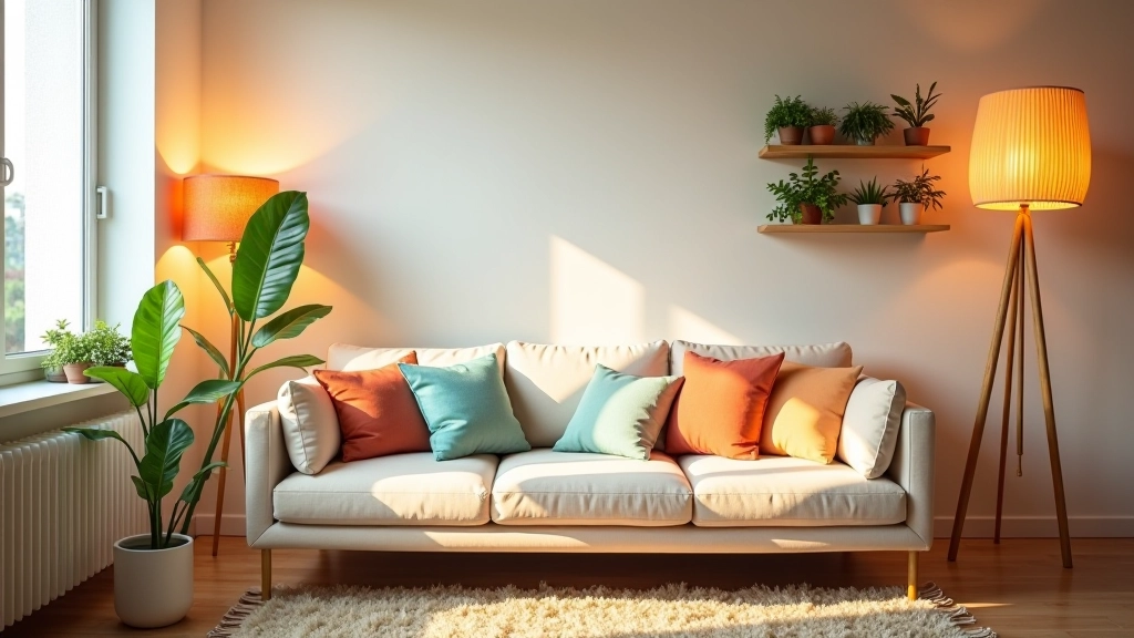 Salotto trasformato con cuscini colorati, piante, illuminazione calda, prima e dopo design