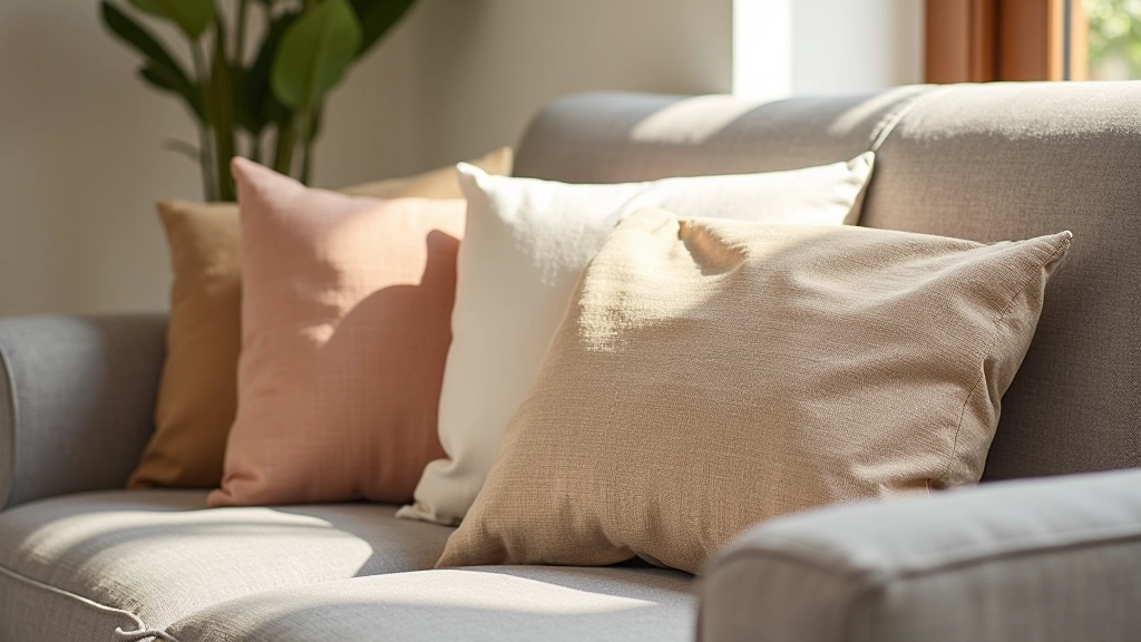 Cuscini decorativi in tessuti naturali, morbidi e colorati, su divano grigio, luce naturale
