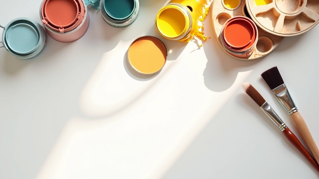 Colori di vernice acrilica in barattoli aperti su tavolo con pennelli, pallet e tavolozza mista