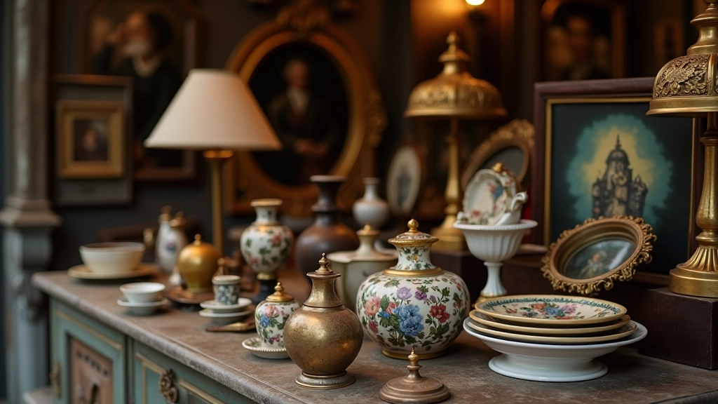 Dettaglio di oggetti vintage su bancarella, lampada retrò, cornice dorata, piatti decorativi, primo piano di tesori nascosti