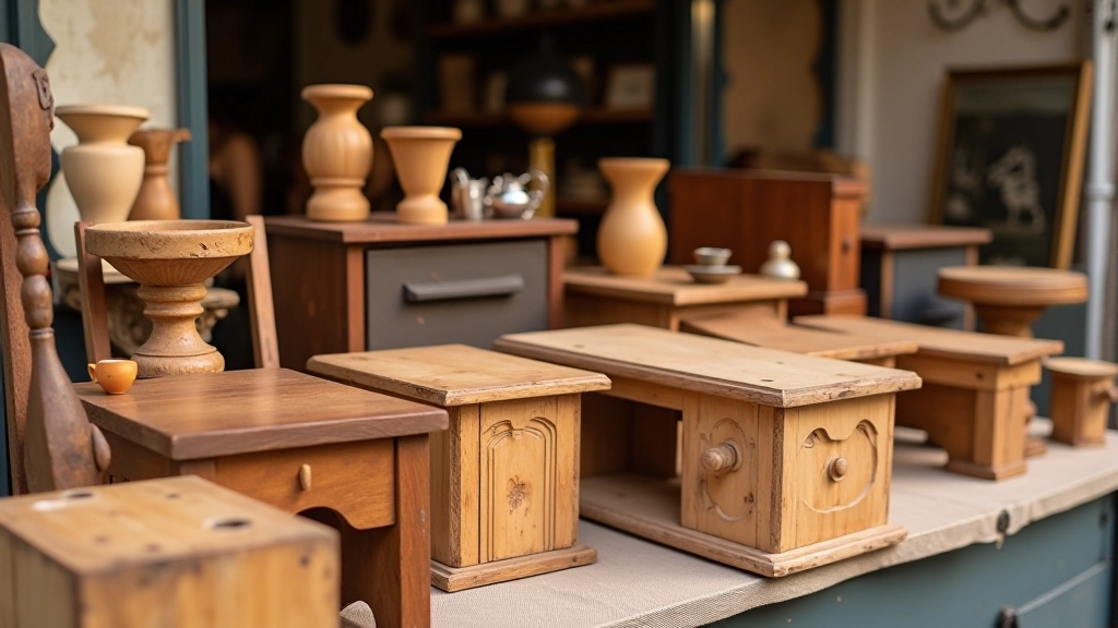 Dettagli di mobili vintage esposti al mercatino, luce naturale che evidenzia texture e patina del legno